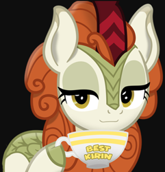 Size: 339x351 | Tagged: artist needed, source needed, useless source url, safe, character:autumn blaze, species:kirin, episode:sounds of silence, g4, my little pony: friendship is magic, best kirin, cup, hoof hold, lidded eyes, text