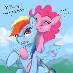 Size: 1200x1200 | Tagged: artist needed, safe, character:pinkie pie, character:rainbow dash, species:earth pony, species:pegasus, species:pony, ship:pinkiedash, blushing, ear licking, eyes closed, female, laughing, lesbian, licking, shipping, tongue out
