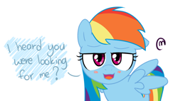 Size: 874x498 | Tagged: artist needed, safe, character:rainbow dash, species:pegasus, species:pony, blushing, colored, lidded eyes, simple background, solo, talking to viewer, white background