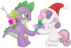 Size: 14400x9600 | Tagged: safe, artist:prinnyaniki, character:spike, character:sweetie belle, species:dragon, species:pony, species:unicorn, ship:spikebelle, episode:hearth's warming eve, g4, my little pony: friendship is magic, absurd resolution, blushing, christmas, christmas presents, clothing, cute, eyes closed, female, filly, hat, hearth's warming, holiday, interspecies, male, present, santa hat, shipping, simple background, straight, transparent background