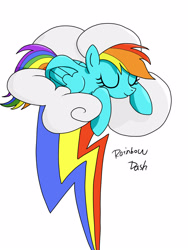 Size: 1200x1600 | Tagged: artist needed, safe, character:rainbow dash, species:pegasus, species:pony, cloud, cute, eyes closed, female, lightning, lying on a cloud, mare, prone, rainbow, rainbow dash's cutie mark, simple background, sleeping, sleepydash, solo, white background