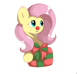 Size: 3202x3049 | Tagged: artist needed, safe, character:fluttershy, species:pony, big ears, blushing, box, christmas, cute, holiday, present, red nose, ribbon