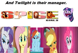 Size: 585x399 | Tagged: artist needed, source needed, safe, character:applejack, character:fluttershy, character:pinkie pie, character:rainbow dash, character:rarity, character:twilight sparkle, species:human, awesome face, dashface, duckface, irl, mane six, music, photo, spice girls, wrong aspect ratio