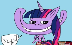 Size: 999x635 | Tagged: artist needed, safe, character:twilight sparkle, character:twilight sparkle (alicorn), species:alicorn, species:pony, 1000 hours in ms paint, blushing, brick wall, dialogue, downvote bait, evil grin, female, grin, mare, ms paint, shitposting, sitting, smiling, solo, speech bubble