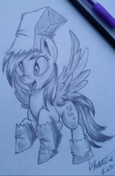 Size: 828x1260 | Tagged: artist needed, source needed, safe, character:derpy hooves, species:pegasus, species:pony, clothing, nightmare night, nightmare night costume, paper bag wizard, pencil drawing, smiling, solo, traditional art