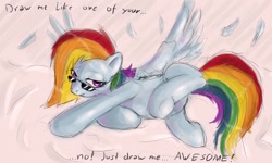 Size: 1200x720 | Tagged: artist needed, safe, character:rainbow dash, species:pegasus, species:pony, 2012, blue body, colored, draw me like one of your french girls, english, equine, eyewear, feather, female, funny, hair, lifted leg, lineart, long hair, looking at you, lying down, multicolored hair, purple eyes, rainbow hair, smiling, solo, spread wings, sunglasses, text, wings
