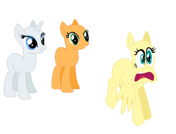 Size: 617x469 | Tagged: artist needed, safe, character:applejack, character:fluttershy, character:rarity, astartes pattern baldness, bald, base, flying, frown, lol, scared, shocked, smiling, spread wings, surprised, three bald ponies, wide eyes, wings