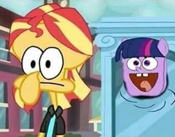Size: 329x258 | Tagged: artist needed, safe, character:sunset shimmer, character:twilight sparkle, my little pony:equestria girls, cursed image, not salmon, shitposting, spongebob squarepants, squidward tentacles, wat, what has science done, why