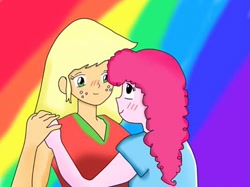 Size: 534x400 | Tagged: artist needed, safe, character:applejack, character:pinkie pie, species:human, ship:applepie, anime, anime style, female, humanized, lesbian, redraw, shipping, waltz