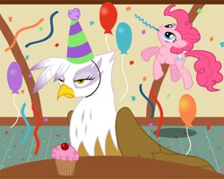 Size: 726x581 | Tagged: artist needed, source needed, safe, character:gilda, character:pinkie pie, species:earth pony, species:griffon, species:pony, annoyed, balloon, clothing, cupcake, duo, duo female, female, hat, mare, party, party hat, streamers