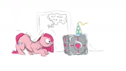 Size: 1600x900 | Tagged: artist needed, source needed, safe, character:pinkamena diane pie, character:pinkie pie, species:earth pony, species:pony, clothing, companion cube, female, hat, mare, party hat, portal (valve)