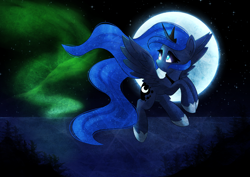 Size: 3508x2480 | Tagged: artist needed, source needed, safe, character:princess luna, species:alicorn, species:pony, aurora borealis, female, flying, moon, sky, solo, stars, tree