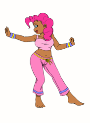 Size: 960x1320 | Tagged: artist needed, safe, character:pinkie pie, species:human, barefoot, belly button, dark skin, feet, female, humanized, midriff, moderate dark skin, simple background, solo, white background, wristband
