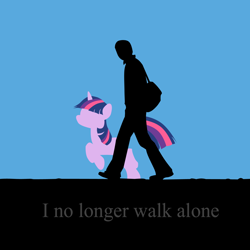 Size: 1280x1280 | Tagged: artist needed, safe, character:twilight sparkle, character:twilight sparkle (unicorn), species:human, species:pony, species:unicorn, bag, blue background, female, jumping, mare, raised leg, silhouette, simple background, tulpa, walking