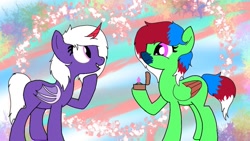 Size: 1024x576 | Tagged: artist needed, safe, oc, oc only, oc:chiarezza, oc:emerald storm, species:bat pony, species:pegasus, species:pony, bat pony oc, colored muzzle, colored wings, engagement ring, fangs, female, lesbian, looking at each other, love, marriage proposal, not an alicorn, prosthetic horn, prosthetics, ring, wings