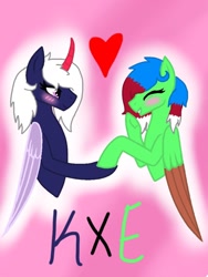 Size: 768x1024 | Tagged: artist needed, safe, oc, oc only, oc:chiarezza, oc:emerald storm, species:bat pony, species:pony, ^w^, bat pony oc, blushing, colored wings, female, giggling, holding hooves, lesbian, looking at each other, love, mare, oc x oc, shipping, underhoof
