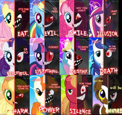 Size: 1431x1348 | Tagged: artist needed, safe, character:applejack, character:big mcintosh, character:fluttershy, character:pinkie pie, character:princess celestia, character:rainbow dash, character:rarity, character:shining armor, character:twilight sparkle, character:twilight sparkle (unicorn), oc, species:alicorn, species:earth pony, species:pegasus, species:pony, species:unicorn, dark, female, male, mane six, mare, ow the edge, red eyes, slit eyes, stallion, two sided posters