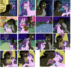 Size: 1500x1500 | Tagged: artist needed, safe, edit, character:starlight glimmer, oc, oc:draco k-night blaze, species:dracony, species:pony, species:unicorn, canon x oc, comic, cutie mark, date, drool, ear tufts, eating, eye contact, female, floppy ears, frown, holding hooves, hybrid, kissing, lidded eyes, looking at each other, love, male, mare, open mouth, pond, shipping, smiling, starlaco, straight, surprise kiss, wing fluff