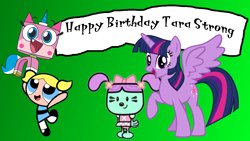 Size: 1920x1080 | Tagged: artist needed, source needed, safe, character:twilight sparkle, character:twilight sparkle (alicorn), species:alicorn, species:pony, birthday, bubbles (powerpuff girls), crossover, daizy, lego, tara strong, the lego movie, the powerpuff girls, unikitty, unikitty! (tv series), voice actor joke, wow wow wubbzy