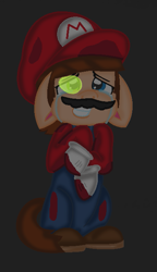 Size: 399x695 | Tagged: artist needed, safe, artist:fjessemcsm, base used, edit, species:earth pony, species:pony, (mario) the music box, base artist needed, blood, blue eye, cap, clothing, covered in blood, crossover, crying, gloves, glow, glowing eye, glowing eyes, green eye, hat, mario, mario's hat, nintendo, overalls, ponified, shirt, shoes, super mario bros., teary eyes, undershirt