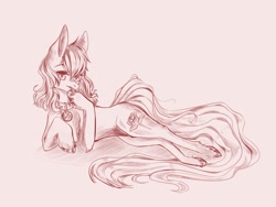 Size: 2560x1920 | Tagged: artist needed, safe, character:roseluck, species:earth pony, species:pony, behaving like a cat, chest fluff, collar, digital art, fangs, female, fluffy, hoof fluff, licking, long tail, lying down, mare, monochrome, pet tag, pony pet, rosepet, solo, tongue out, unshorn fetlocks