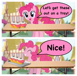 Size: 1540x1525 | Tagged: artist needed, safe, artist:bleukettu, edit, character:pinkie pie, species:earth pony, species:pony, blurred background, collage, cupcake, dialogue, food, inside joke, ponyville, rainbow cupcake, serving tray, smiling, speech bubble, steve1989mreinfo, table, tray, vector, vector edit