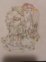 Size: 768x1032 | Tagged: artist needed, safe, oc, oc:kaleidoscope, oc:little flame, oc:piccola fiamma, species:diamond dog, bard, book, cloak, clothing, colored pencil drawing, commission, fantasy class, feather, female, female diamond dog, glasses, happy, hat, lute, raccoon, rock, traditional art, younger