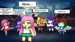Size: 1280x720 | Tagged: artist needed, safe, character:applejack, character:fluttershy, character:pinkie pie, character:rainbow dash, character:rarity, character:twilight sparkle, species:human, my little pony:equestria girls, :i, angry, bitch, boots, censored vulgarity, clothing, colosseum, compression shorts, dialogue, frown, gacha life, glare, gritted teeth, hat, leg warmers, lidded eyes, mane six, miniskirt, overlord, pleated skirt, raised leg, shoes, shorts, skirt, smiling, socks, speech bubble, this is for emphasis bitch, vulgar, wat, wide eyes, wings