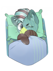 Size: 1536x2048 | Tagged: artist needed, safe, oc, oc:duk, species:duck, bed, blanket, cute, duck bed, duck pony, ears, ears up, looking at you, pillow, quack, quak, solo, waking up