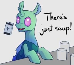 Size: 1226x1080 | Tagged: artist needed, safe, species:changeling, species:reformed changeling, /mlp/, cellphone, code ment, drawthread, food, i'm at soup, phone, solo, soup, soupling, yelling