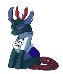 Size: 689x809 | Tagged: artist needed, source needed, safe, character:pharynx, character:prince pharynx, species:changeling, species:reformed changeling, /mlp/, angry, clothing, drawthread, ow the edge, shirt, simple background, solo, vulgar, white background