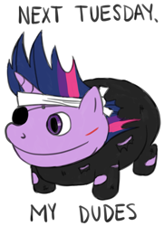 Size: 857x1183 | Tagged: artist needed, safe, character:twilight sparkle, character:twilight sparkle (unicorn), species:pony, species:unicorn, /mlp/, episode:it's about time, g4, my little pony: friendship is magic, alternate hairstyle, budgett's frog, chibi, drawthread, eyepatch, female, future twilight, headband, it is wednesday my dudes, mare, meme, scar, simple background, smiling, solo, white background