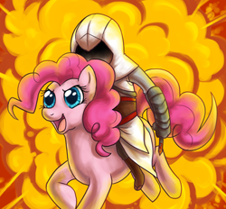 Size: 500x463 | Tagged: artist needed, safe, character:pinkie pie, species:earth pony, species:human, species:pony, altair ibn la-ahad, assassin's creed, crossover, duo, explosion, female, humans riding ponies, mare, riding