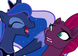 Size: 418x303 | Tagged: artist needed, source needed, safe, character:princess luna, character:tempest shadow, species:pony, broken horn, eye scar, eyes closed, female, happy, hoof shoes, horn, jewelry, mare, playful, regalia, scar, shocked, simple background, squishy cheeks, tongue out, transparent background, vector