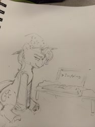 Size: 3024x4032 | Tagged: artist needed, safe, character:trixie, species:pony, species:unicorn, /mlp/, clothing, computer, female, hat, implying, laptop computer, mare, monochrome, shitposting, simple background, sitting, solo, traditional art