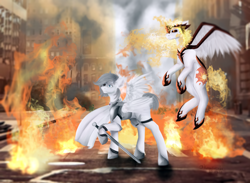 Size: 3780x2770 | Tagged: artist needed, source needed, safe, character:daybreaker, character:princess celestia, oc, oc:light knight, species:pony, armor, city, cloak, clothing, fire, missing eye, sword, weapon