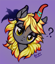 Size: 1283x1505 | Tagged: safe, artist:burgerdrag, oc, oc only, oc:electra pleiades, species:bird, species:kirin, species:pony, species:raven, bust, curved horn, dungeons and dragons, female, head tilt, horn, kirin oc, lidded eyes, mare, pen and paper rpg, ponyfinder, portrait, purple background, question mark, rpg, simple background, solo, tabletop gaming