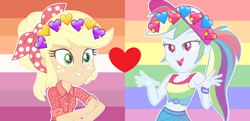 Size: 2156x1040 | Tagged: artist needed, safe, edit, character:applejack, character:rainbow dash, ship:appledash, episode:five to nine, equestria girls:spring breakdown, g4, my little pony:equestria girls, female, geode of super strength, lesbian, magical geodes, shipping, shipping domino, voice actor joke