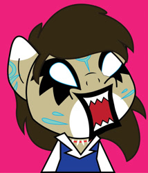 Size: 826x967 | Tagged: artist needed, safe, oc, oc:rune, species:anthro, aggretsuko, brown mane, female, open mouth, pink background, rage, reference, sanrio, simple background, solo, tooth necklace
