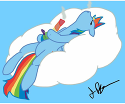 Size: 720x599 | Tagged: artist needed, safe, character:rainbow dash, species:pony, bong, cloud, drugs, marijuana, on back, pot, rainbow, relaxed, smoking, solo