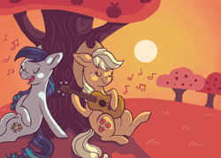 Size: 1280x914 | Tagged: artist needed, source needed, safe, character:applejack, character:coloratura, species:pony, ship:rarajack, apple tree, female, guitar, lesbian, music, rara, shipping, singing, sunset, tree