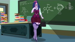 Size: 10240x5760 | Tagged: artist needed, safe, character:twilight sparkle, character:twilight sparkle (scitwi), species:eqg human, my little pony:equestria girls, absurd resolution, adult, apple, belt buckle, book, canterlot high, chair, chalkboard, classroom, clothing, coffee, desk, door, dress, food, formula, glasses, hairpin, satchel, school uniform, stockings, thigh highs, wide hips