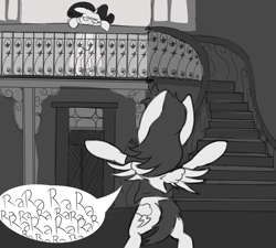Size: 1000x900 | Tagged: artist needed, source needed, safe, character:rainbow dash, character:rarity, species:pony, a streetcar named desire, balcony, bipedal, grayscale, monochrome, rarara, rarity is not amused, stairs, unamused