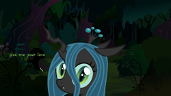 Size: 1024x577 | Tagged: artist needed, safe, artist:dusk2k, edit, character:queen chrysalis, bronybait, dialogue, dialogue edit, everfree forest, fangs, female, filly, frown, looking at you, solo, stare, sweetie belle's stare