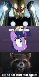 Size: 542x1067 | Tagged: artist needed, safe, character:twilight sparkle, character:twilight sparkle (alicorn), species:alicorn, species:pony, big crown thingy, funny, guardians of the galaxy, interrupted, jewelry, meme, regalia