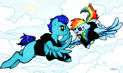 Size: 500x296 | Tagged: artist needed, safe, character:rainbow dash, oc, oc:swift dawn, species:changeling, species:pegasus, species:pony, changeling oc, clothing, commission, disguise, disguised changeling, female, flying, green eyes, hoodie, male, simple background, smiling, violet eyes