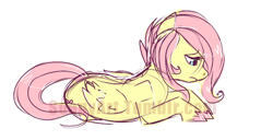 Size: 500x255 | Tagged: artist needed, safe, character:fluttershy, species:pegasus, species:pony, prone, sad, teenager, watermark