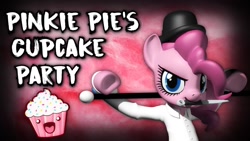 Size: 1280x720 | Tagged: safe, artist:mastermax888, character:pinkamena diane pie, character:pinkie pie, 3d, bowler hat, cane, clothing, cupcake, food, hat, knife, source filmmaker, thumbnail, youtube thumbnail