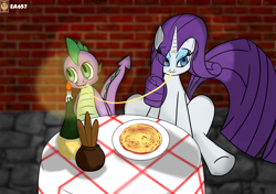 Size: 2150x1512 | Tagged: artist needed, safe, character:rarity, character:spike, species:dragon, species:pony, species:unicorn, ship:sparity, blue eyes, candle, disney, eating, fanart, female, food, green eyes, horn, imminent kissing, lady and the tramp, male, mare, pasta, shipping, spaghetti, spaghetti scene, straight
