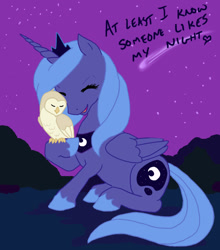 Size: 650x738 | Tagged: artist needed, safe, character:princess luna, species:alicorn, species:bird, species:owl, species:pony, cute, dialogue, eyes closed, female, lunabetes, mare, night, s1 luna, shooting star